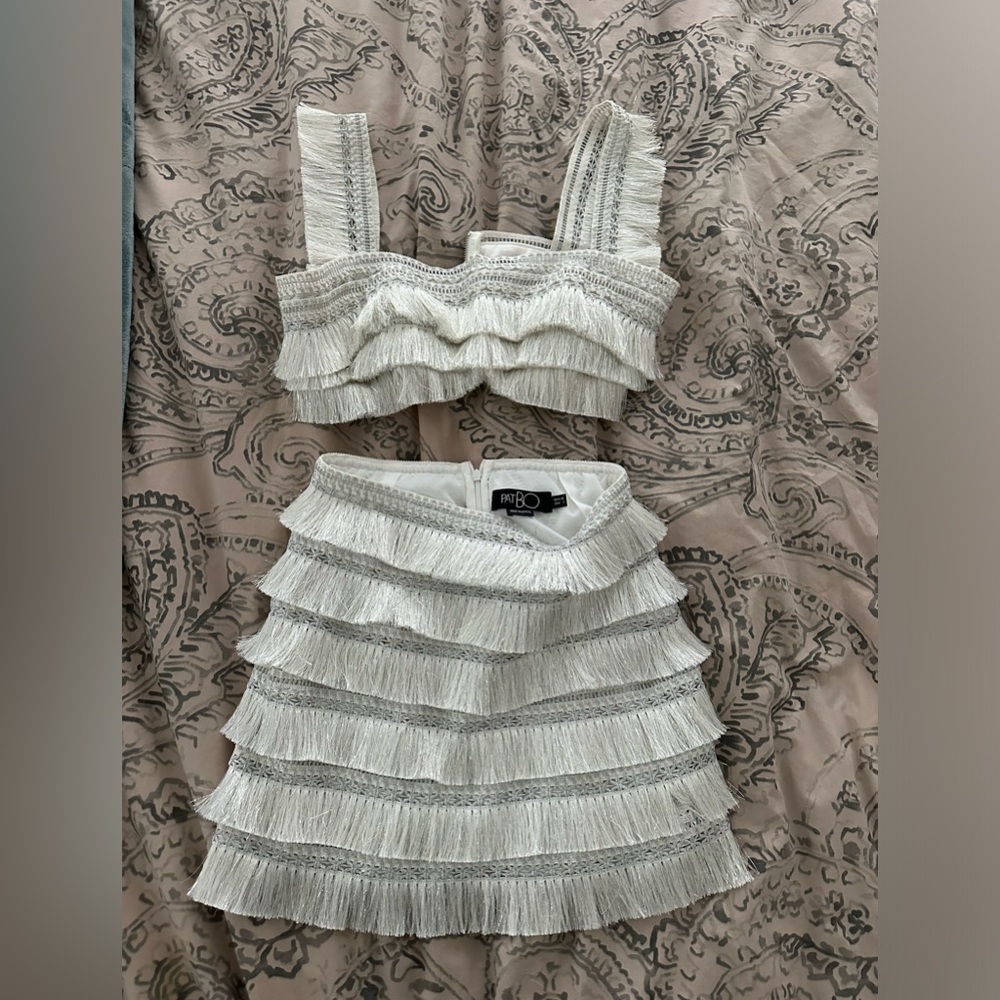 PatBO White Fringe Crop Top & Mini Skirt Set - Picture 7 of 13